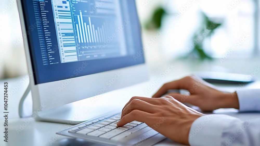Poster data analysis on desktop computer with keyboard