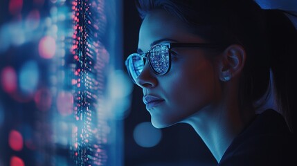 Young Woman Observing Digital Data on a Screen