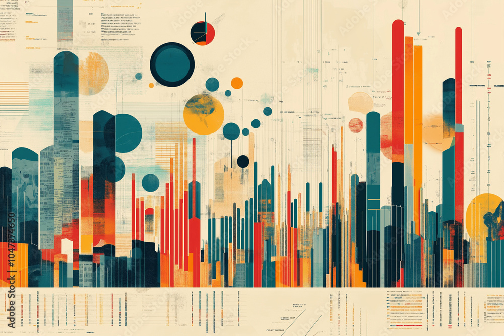 Aufkleber colorful cityscape with a large circle in the middle and a series of colorful bars and lines surroun