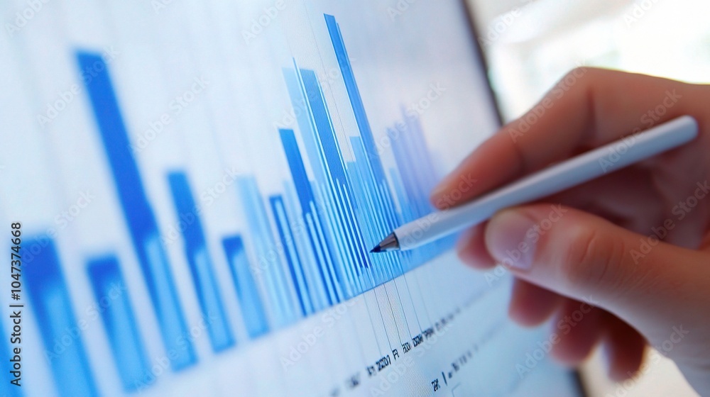 Aufkleber data analysis with hand and pen on graph chart
