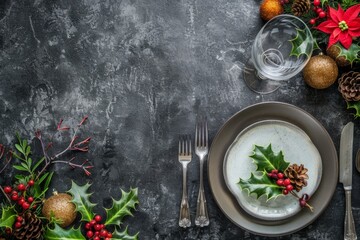 Christmas place setting with holly, pinecones, berries, and gold baubles on a black background, creating a stylish festive atmosphere.