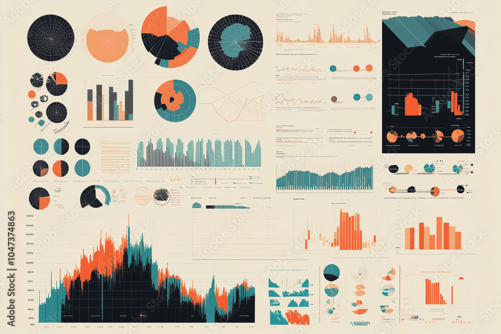 Poster collection of graphs and charts with a blue and orange color scheme. scene is bright and cheerful
