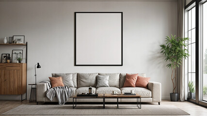 Interior view of contemporary home with frame mockup on the wall	