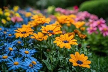 A vibrant display of colorful flowers in a garden setting.