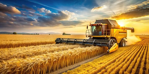 Fototapeta premium Yellow combine harvester in golden wheat field with leading lines