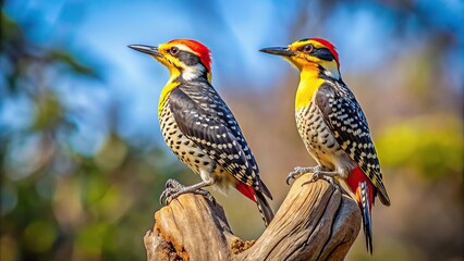 Fototapeta premium Yellow crowned woodpeckers perched on tree in Tal Chappar blackbuck sanctuary