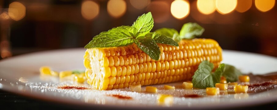 Grilled corn on the cob with spices and mint: restaurant gourmet cuisine