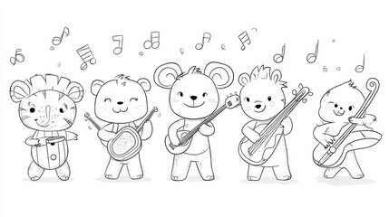 A cheerful band of adorable animal friends playing music together in a lively celebration under a whimsical sky, coloring page