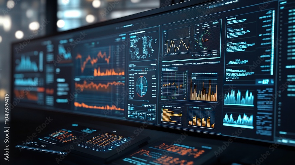 Poster high-tech data dashboard with analytical graphs and charts