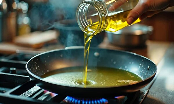Pouring oil into a frying pan for cooking.