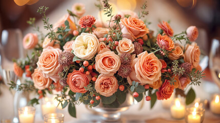 Fototapeta premium Elegant Wedding Centerpiece with Peach Garden Roses, Coral Berries and Eucalyptus in Crystal Vase, Romantic Candlelit Table Setting with Soft Bokeh Background