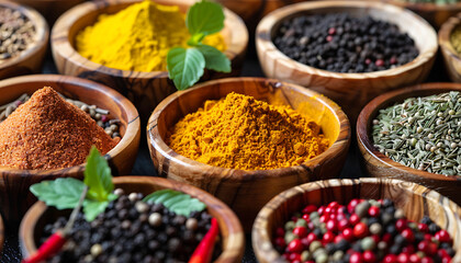 A collection of colorful spices in wooden bowls, including turmeric and coriander seeds, pink peppercorn powder, black cumin seeds, 
and fennel in porcelain jars on an old table at the market, close-u