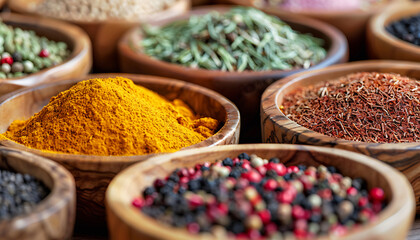 Fototapeta premium A collection of colorful spices in wooden bowls, including turmeric and coriander seeds, pink peppercorn powder, black cumin seeds, and fennel in porcelain jars on an old table at the market, close-u