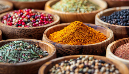 Fototapeta premium A collection of colorful spices in wooden bowls, including turmeric and coriander seeds, pink peppercorn powder, black cumin seeds, and fennel in porcelain jars on an old table at the market, close-u