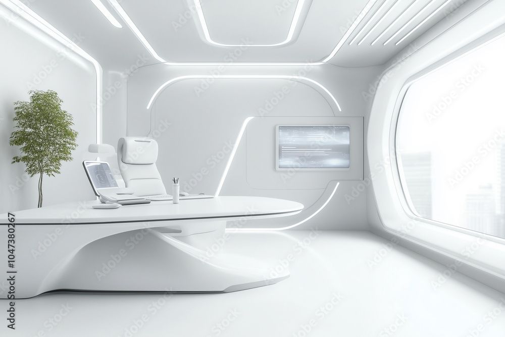 Aufkleber white room with a computer desk and a chair. the computer desk has a monitor and a keyboard. the roo