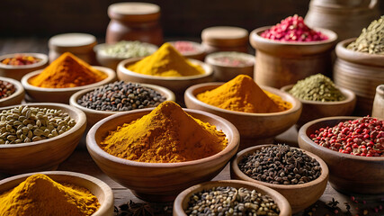 Fototapeta premium A collection of colorful spices in wooden bowls, including turmeric and coriander seeds, pink peppercorn powder, black cumin seeds, and fennel in porcelain jars on an old table at the market, close-u