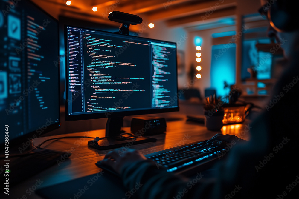 Poster person is typing on a computer with two monitors, one of which is displaying a black screen with cod