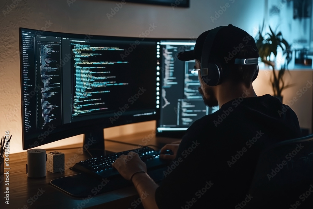 Poster man is sitting in front of a computer monitor with a black shirt on. he is wearing headphones and he