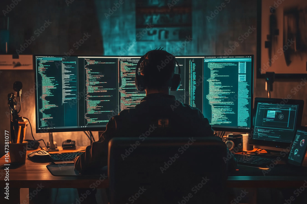 Poster man is sitting in front of a computer monitor with a black shirt on. he is wearing headphones and he