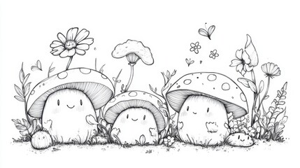 Whimsical gathering of cheerful mushrooms and flowers in a magical forest setting during a sunny spring day, coloring page