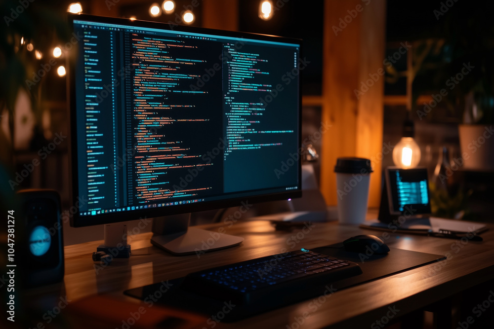 Poster person is typing on a computer with two monitors, one of which is displaying a black screen with cod
