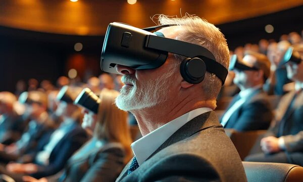 Elderly man wearing VR headset at a conference.