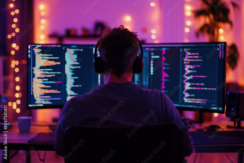 Poster man is sitting in front of a computer monitor with a black shirt on. he is wearing headphones and he