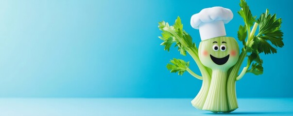 Smiling celery chef wearing a white toque showing culinary skills