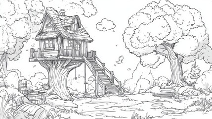 Enchanted treehouse in a whimsical forest clearing with lush greenery and a tranquil atmosphere during daylight