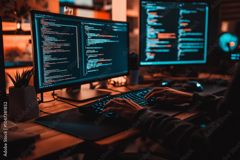 Poster person is typing on a computer with two monitors, one of which is displaying a black screen with cod