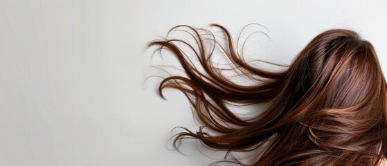 Fototapeta premium A woman's long, wavy brunette hair appears in motion, as if blown by the wind. Background is plain white, contrasting with her hair.