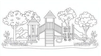 Fototapeta premium A whimsical playground in a serene park setting, featuring slides, swings, and climbing structures surrounded by lush greenery