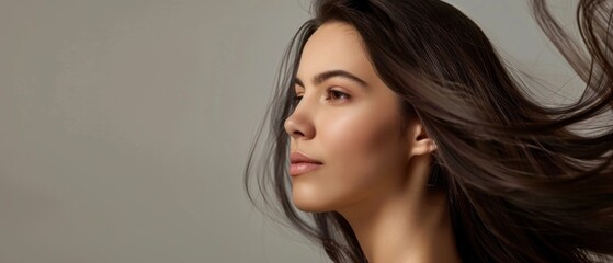 Serious brunette woman with long hair in profile, gazing right in serene setting. Wind-blown hair adds grace to contemplative image. Cream backdrop enhances peaceful vibe.