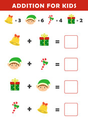 Fototapeta premium Christmas activity sheet. Addition for Kids. Fun Math Logic Puzzles for Kids. Math Game with Cute Christmas Pictures. Math Activities for Children. 