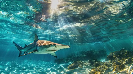 Fototapeta premium Shark Swimming Underwater with Sunbeams Shining Through the Water