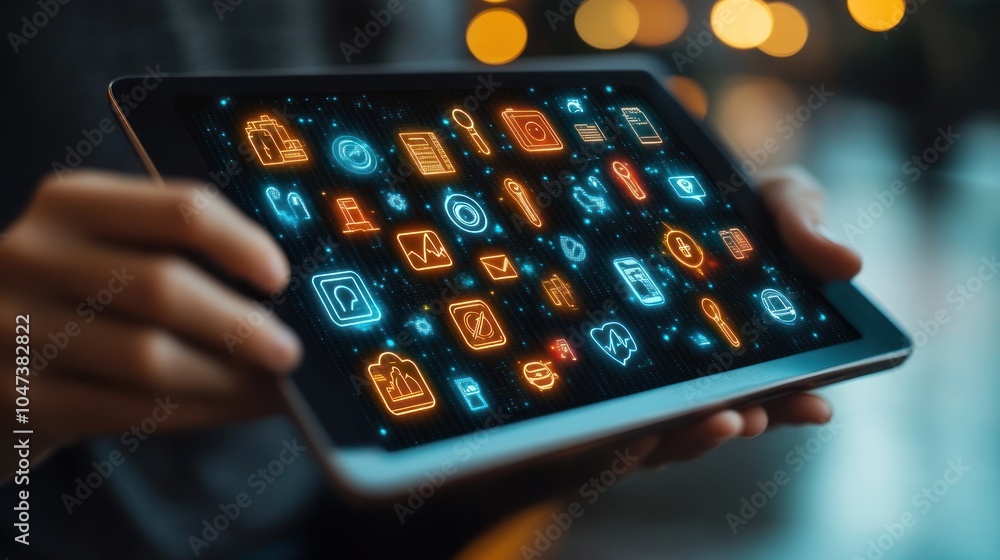 Poster a person holding a tablet displaying colorful digital icons representing various applications.