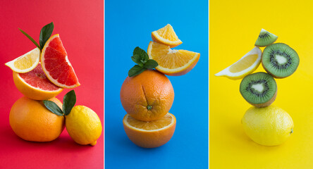 Collage of pyramid of fruit in balance on the colored background. Close-up.