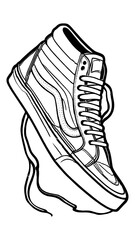 This black-and-white vector illustration showcases a high-top sneaker with detailed stitching, laces, and side patterns