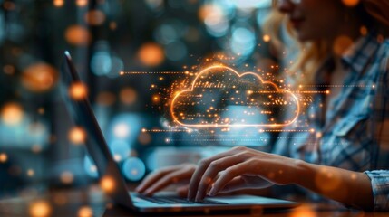 A woman using a laptop with a cloud icon, hinting at cloud computing. She is involved in activities like data analysis or programming in a networked setting.