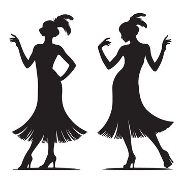 1920s Flapper Dancer  silhouette  vector black color white background 