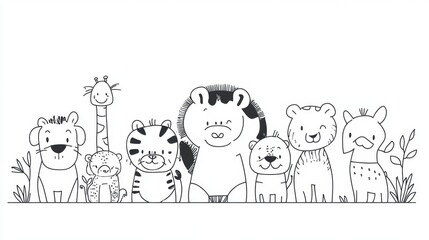 A playful gathering of cartoon animals lined up in a jungle setting during a sunny day, showcasing unique personalities and styles
