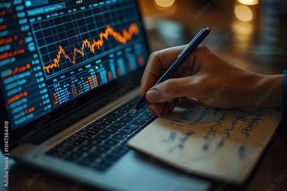 Poster a person analyzing stock market data on a laptop while taking notes.