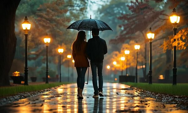 Couple walking under an umbrella in a rainy park.