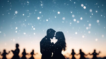 Obraz premium People of all backgrounds dancing together in a meadow under the stars close up, focus on, copy space Double exposure silhouette with dancers and starry sky