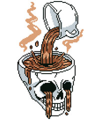 A skull into which coffee is poured and flows out through the eyes. Pixel art on the theme of coffee.