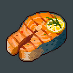 Fototapeta premium Salmon cooked pixelated. A slice of lemon on a cooked juicy slice of red fish.