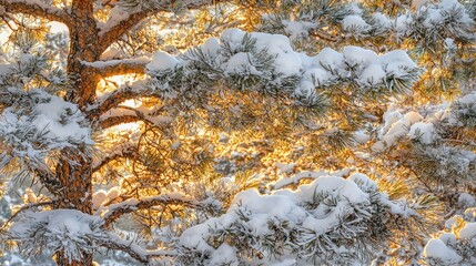 Snow-Covered Pine Branches in Sunlight