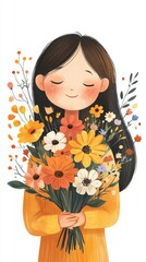 cute girl holding flowers, surrounded by colorful blossoms, simple doodle art, watercolor style. ai generated
