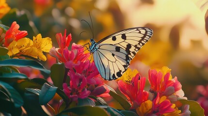 Colorful Butterfly Perched on Vibrant Flowers