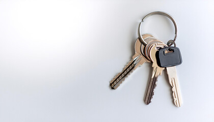 Keys and key chains on side position provides copy space for text. background concept isolated white